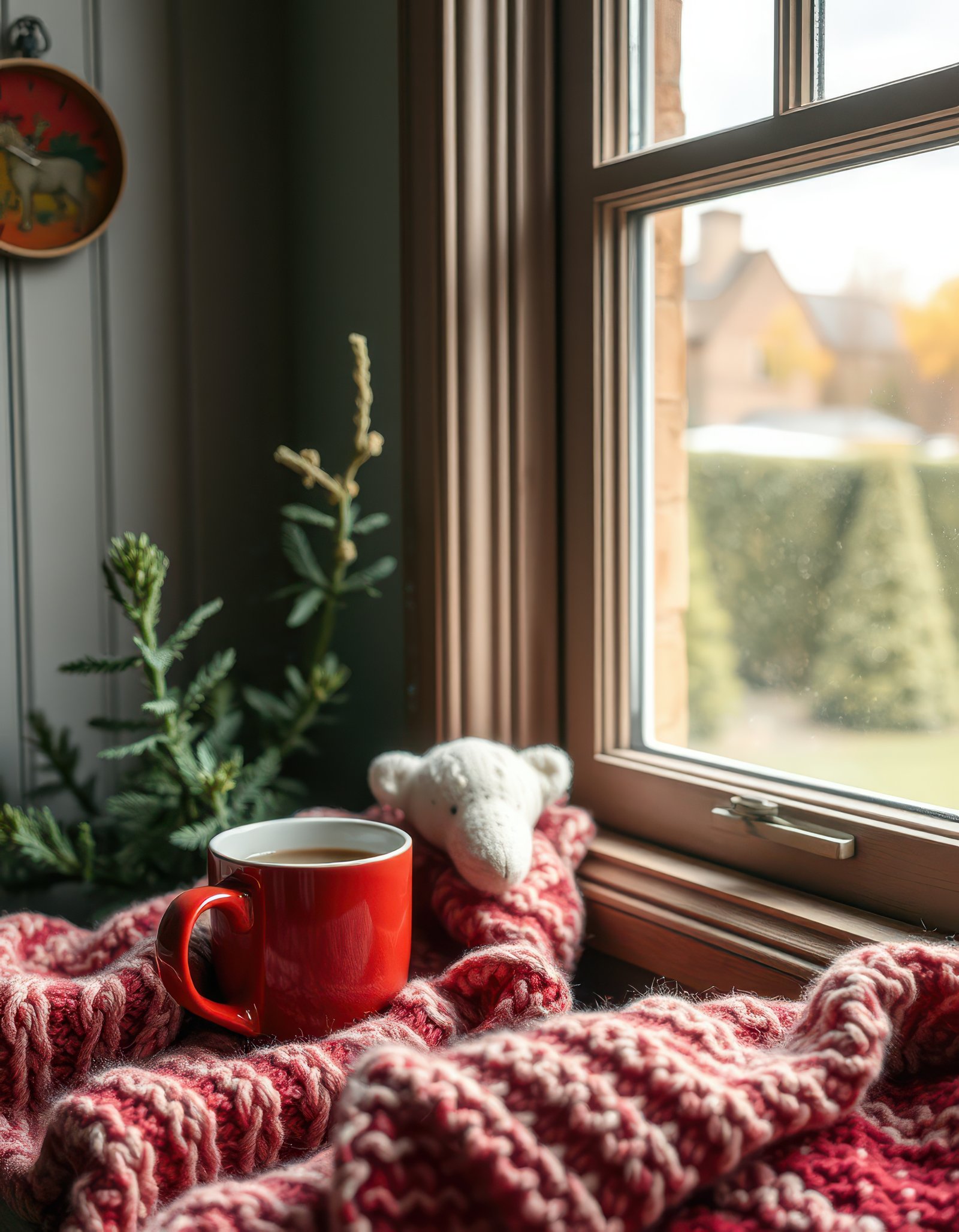 Warm and cozy indoor setting with a red mug and soft blanket beside a window on a chilly afternoon